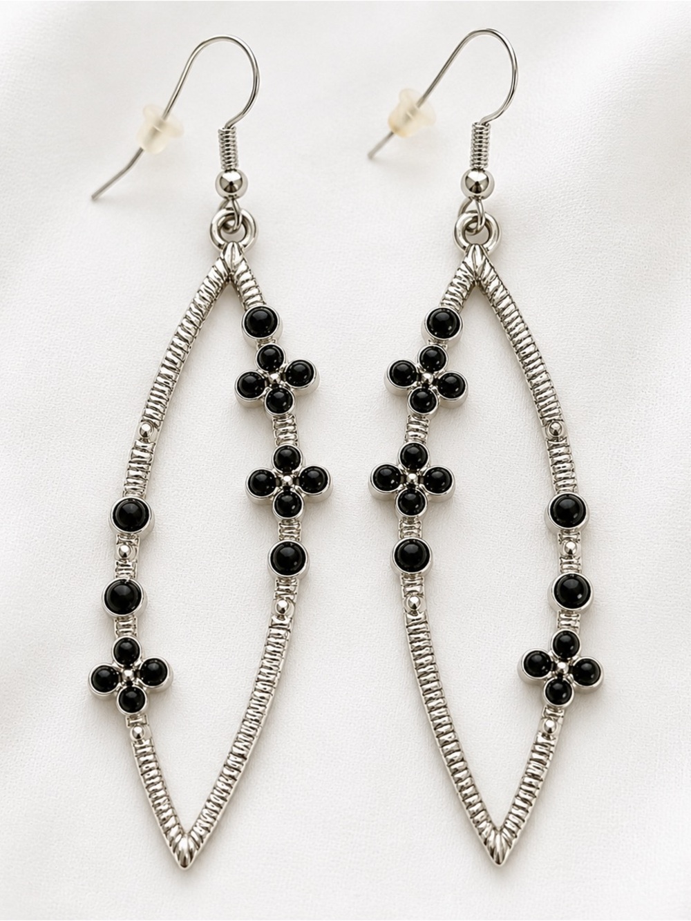 Silver-Tone Black Stone Floral Drop Earrings | Boho Statement Dangle Jewelry
